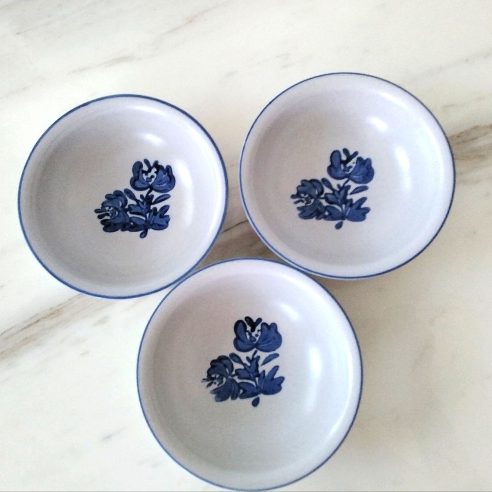 Pflatzgraff Yorktowne Blue Floral Stoneware Cereal | Soup Bowls 3 Pc - Vtg
